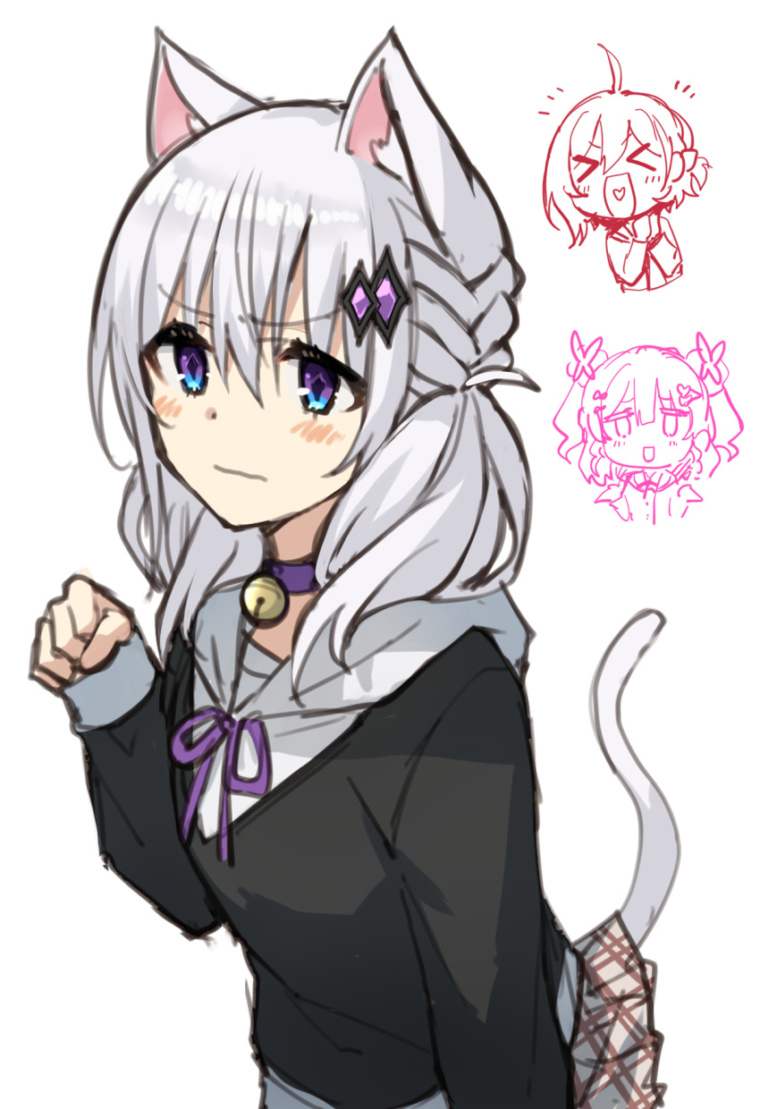 >_<, 3girls, :d, ahoge, aida_elulu, animal_ear_fluff, animal_ears, bell