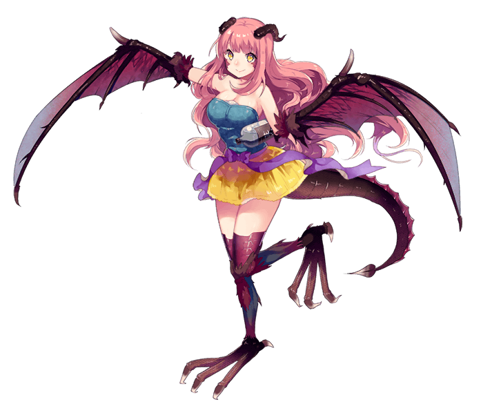 1girl, animal_feet, artist_request, bangs, bare_shoulders, blue_shirt, bottle, breasts, dragon_girl, dragon_tail, eyebrows_visible_through_hair, fere_(monster_musume), full_body, horns, large_breasts, long_hair, monster_musume_no_iru_nichijou, monster_musume_no_iru_nichijou_online, official_art, pink_hair, scales, shirt, skirt, sleeveless, solo, tail, talons, transparent_background, very_long_hair, winged_arms, yellow_skirt