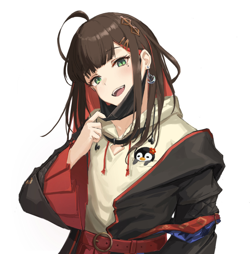 1girl, absurdres, ahoge, beige_shirt, belt, bird, black_jacket, black_mask
