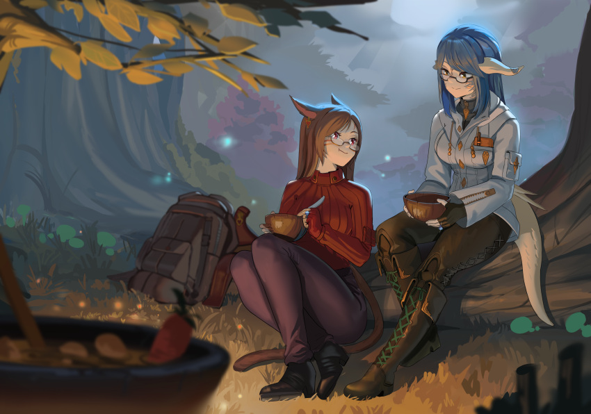 2girls, absurdres, aoshiseven, au_ra, backpack, bag, boots, bowl