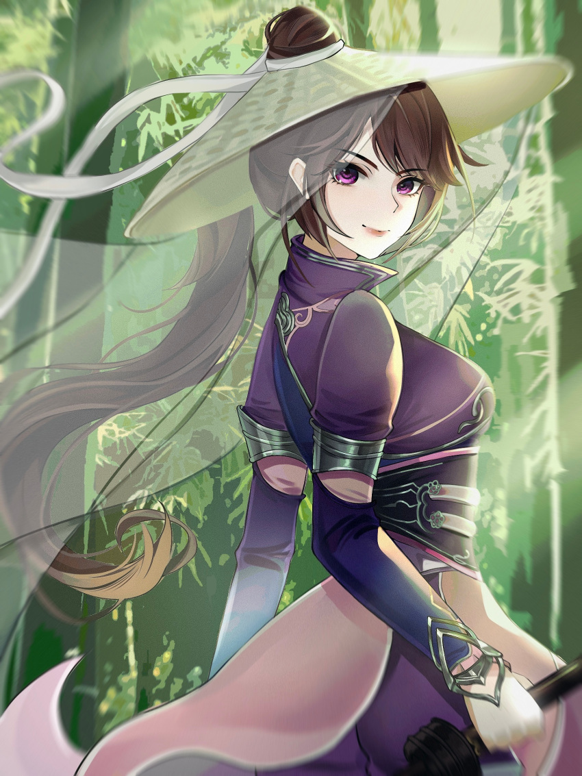 1girl, bamboo, brown_hair, dress, hat, highres, hua_jianghu_zhi_bei_mo_ting, ponytail