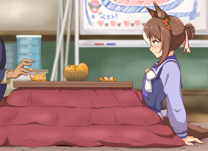 1girl, 1other, animal_ears, fine_motion_(umamusume), food, fruit, green_eyes, horse_ears