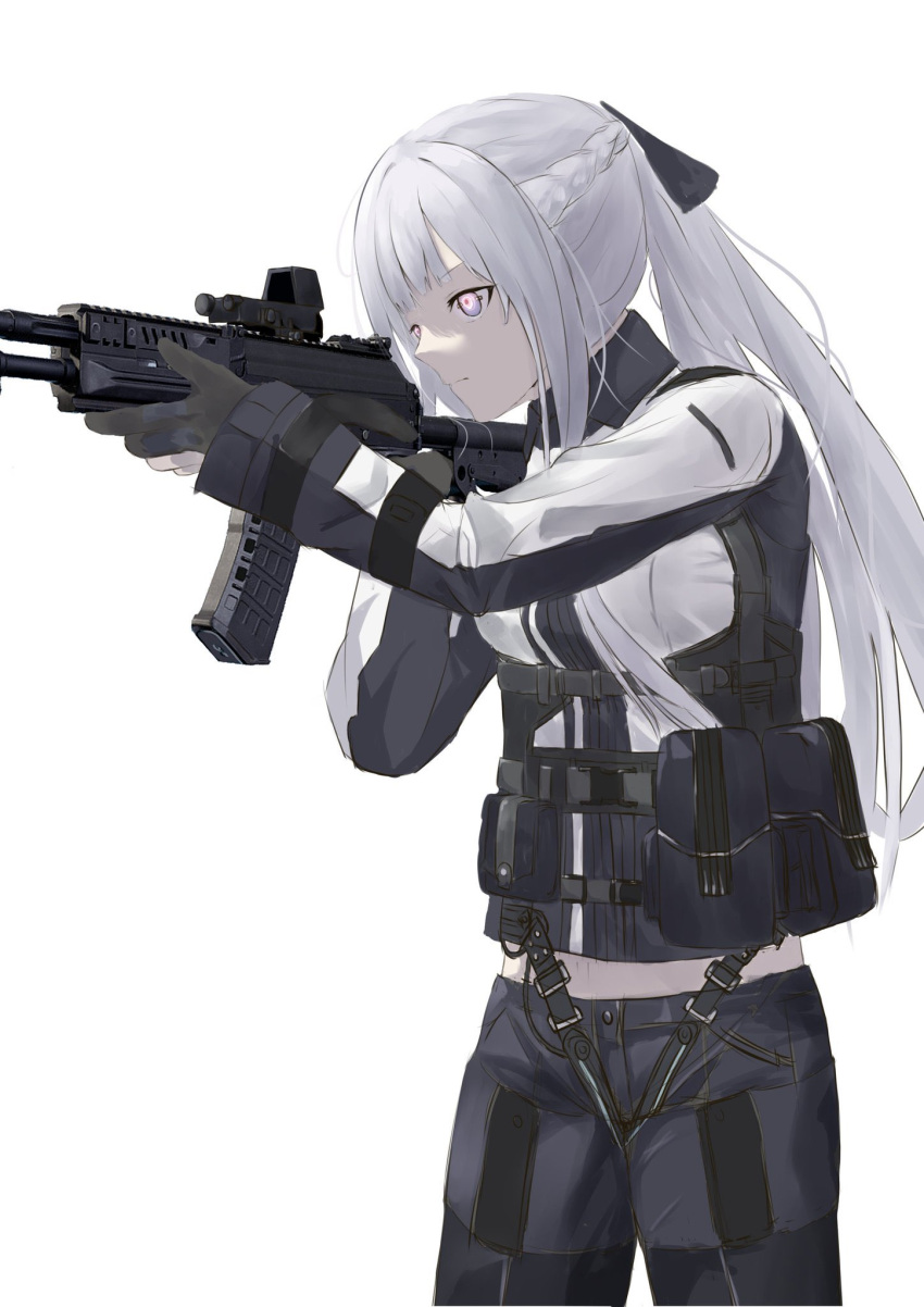 1girl, ak-12, ak-12_(girls'_frontline), ammunition_pouch, assault_rifle, bangs, black_gloves, black_pants