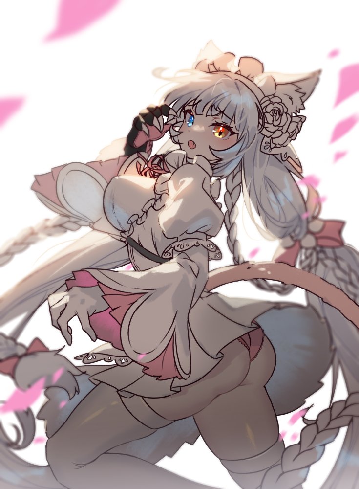 1girl, animal_ears, ass, bangs, blue_eyes, blush, braid, breasts, cat_ears, cat_girl, cat_tail, claws, dress, eyebrows_visible_through_hair, fang, gloves, heterochromia, last_origin, long_hair, looking_at_viewer, luvents3, maid_headdress, multiple_braids, open_mouth, panties, perrault_(last_origin), pleated_dress, shade, simple_background, solo, tail, thigh-highs, twin_braids, twintails, underwear, very_long_hair, white_background, white_dress, white_gloves, white_legwear, yellow_eyes