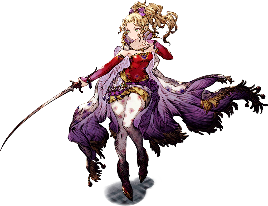 1girl, blonde_hair, bow, bracelet, breasts, cape, elbow_gloves, final_fantasy, final_fantasy_brave_exvius, final_fantasy_vi, fingerless_gloves, gloves, green_eyes, hair_bow, hand_on_own_chest, high_ponytail, holding, holding_sword, holding_weapon, jewelry, leggings, medium_breasts, official_art, shoes, sword, tina_branford, war_of_the_visions:_final_fantasy_brave_exvius, weapon