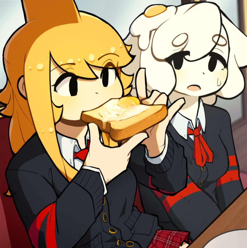 2girls, apricot_(d-floe), black_eyes, borrowed_character, d-floe, egg_(lemyawn), eyebrows_visible_through_hair, highres