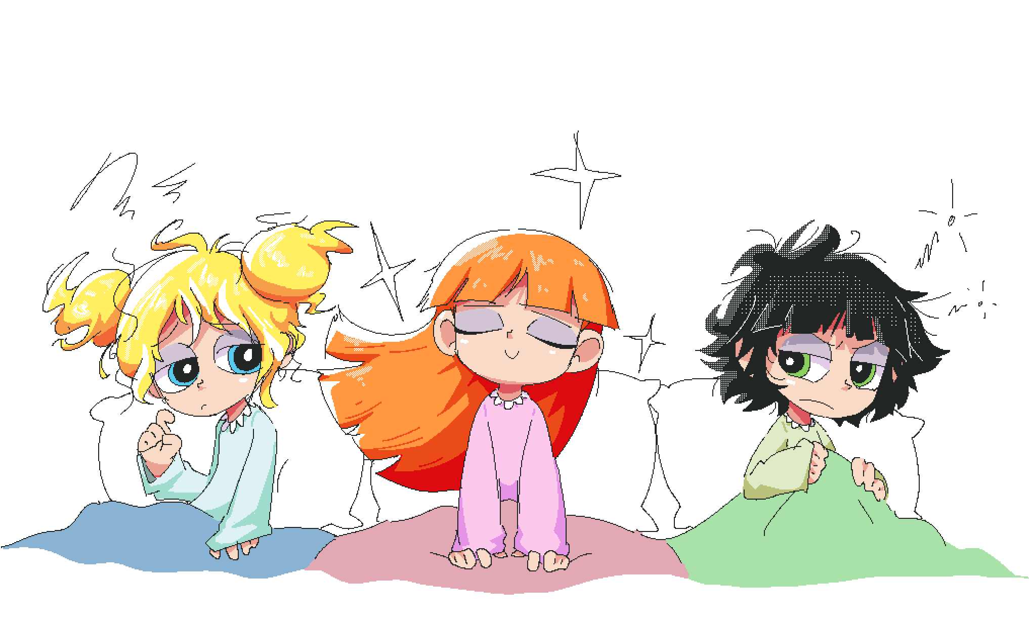 3girls, bangs, black_hair, blonde_hair, blossom_(ppg), blue_eyes, blue_pajamas, blunt_bangs