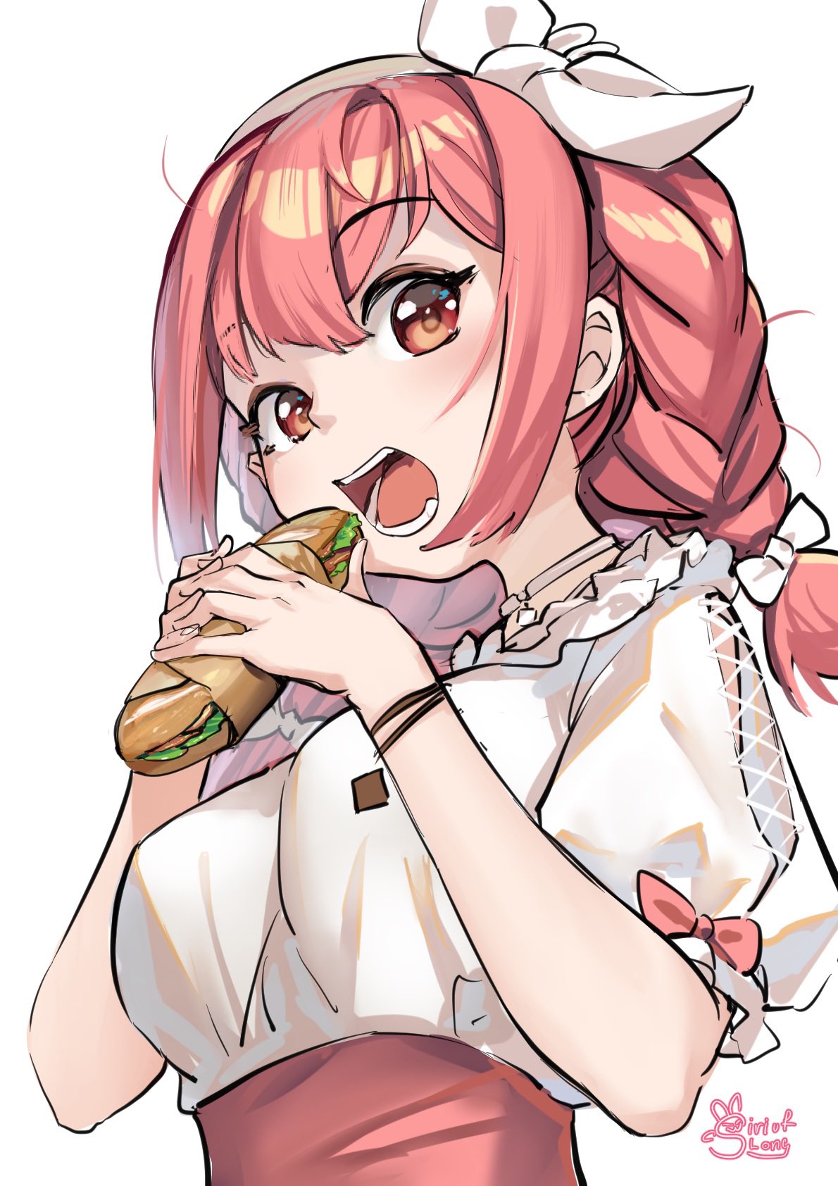 1girl, bangs, banh_mi, braid, choker, eating, hairband, hibiki_duca