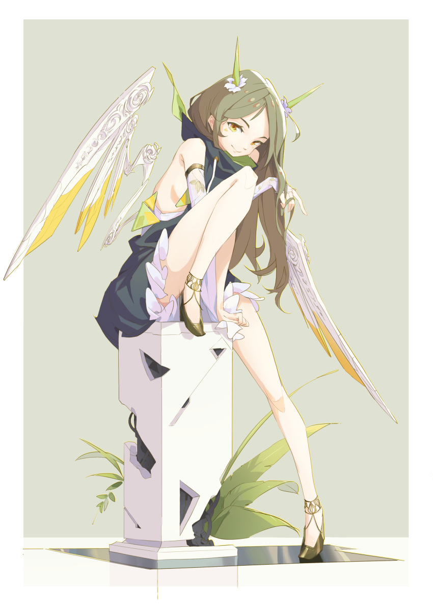 1girl, 327564857, absurdres, ankle_strap, bangs, bare_legs, bare_shoulders, border, bridal_gauntlets, closed_mouth, commentary_request, fantasy, forehead, frilled_skirt, frills, full_body, green_hair, high_heels, highres, knee_up, legs, long_hair, looking_back, mechanical_wings, original, parted_bangs, pillar, plant, skirt, smile, solo, white_border, wings, yellow_eyes