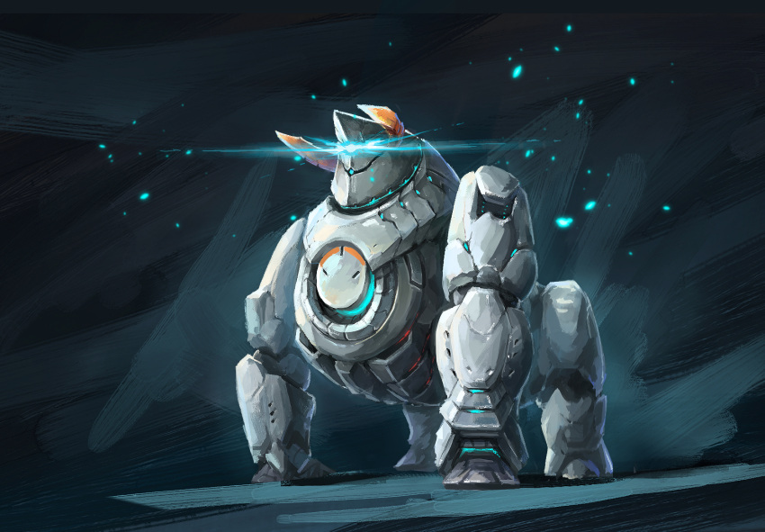 327564857, commentary_request, glowing, horns, mecha, mechanical_legs, no_humans, original