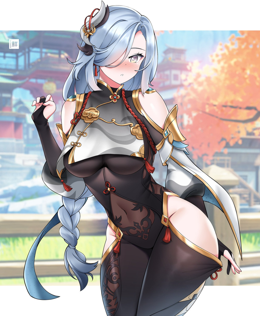 1girl, bodysuit, braid, breast_curtain, breasts, clothing_cutout, covered_navel, cowboy_shot