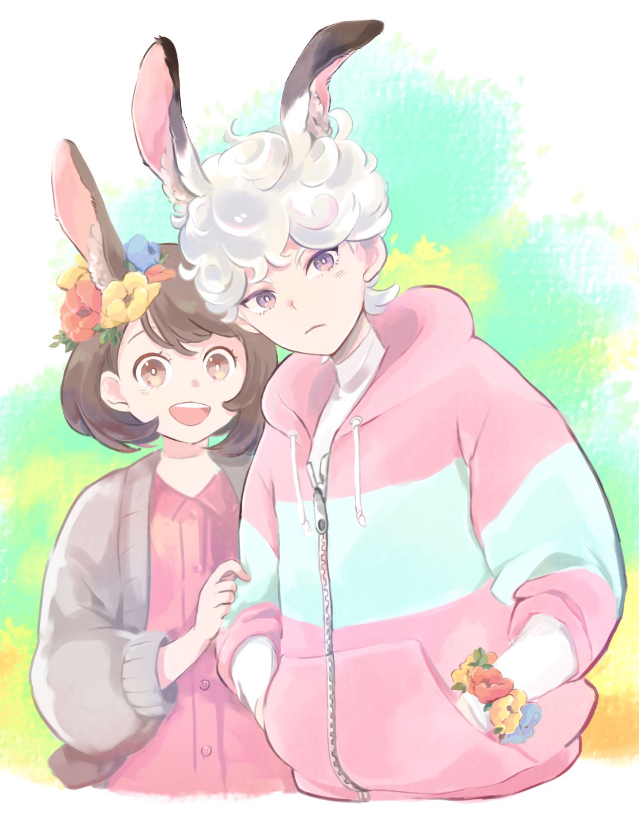 1boy, 1girl, 9no_kabe, :d, adapted_costume, animal_ears, bangs, bede_(pokemon), bob_cut, brown_eyes, brown_hair, buttons, cardigan, closed_mouth, collared_dress, commentary_request, curly_hair, dress, eyelashes, flower, gloria_(pokemon), grey_cardigan, hair_flower, hair_ornament, hands_in_pockets, highres, jacket, looking_at_viewer, open_cardigan, open_clothes, open_mouth, pink_dress, pokemon, pokemon_(game), pokemon_swsh, rabbit_ears, shirt, short_hair, smile, striped, striped_jacket, teeth, tongue, upper_teeth, violet_eyes, white_hair, white_shirt, yellow_flower, zipper, zipper_pull_tab