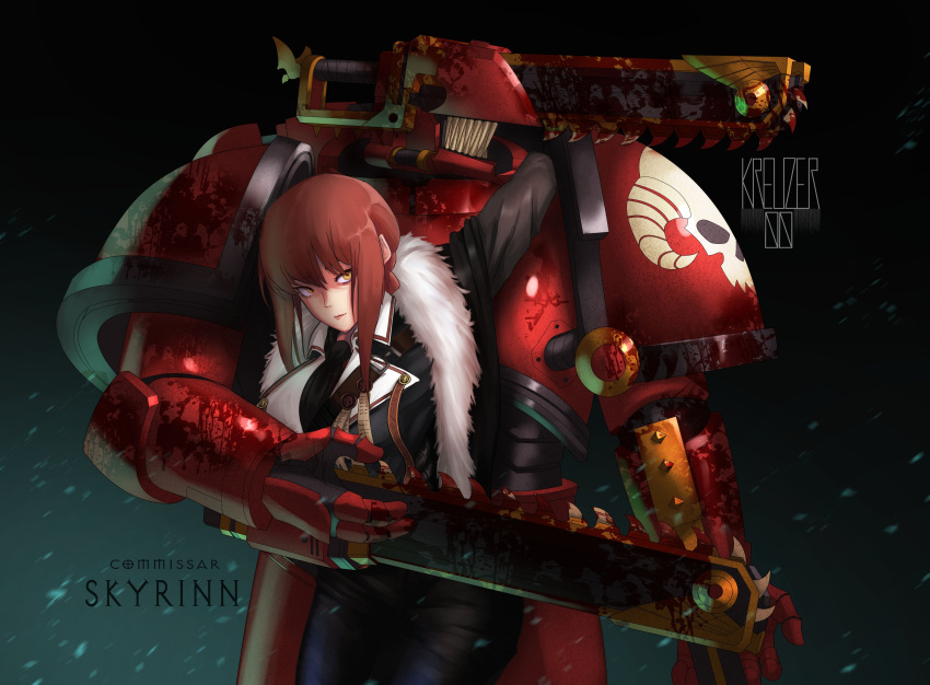 1boy, 1girl, absurdres, adeptus_astartes, armor, black_jacket, black_pants, blood