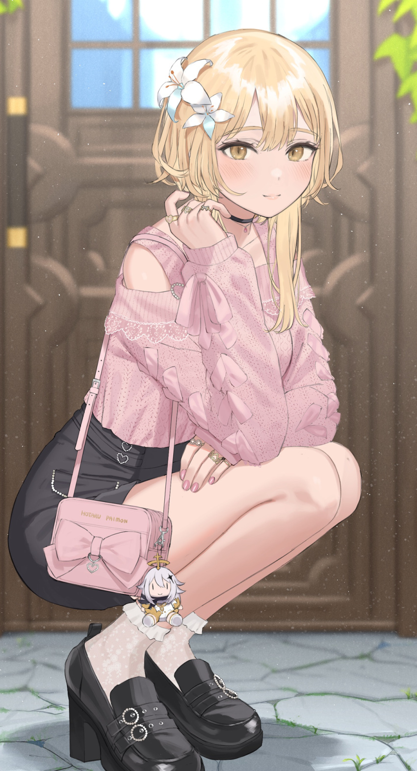 1girl, alternate_costume, aran_sweater, bag, black_choker, black_footwear, black_skirt, blonde_hair
