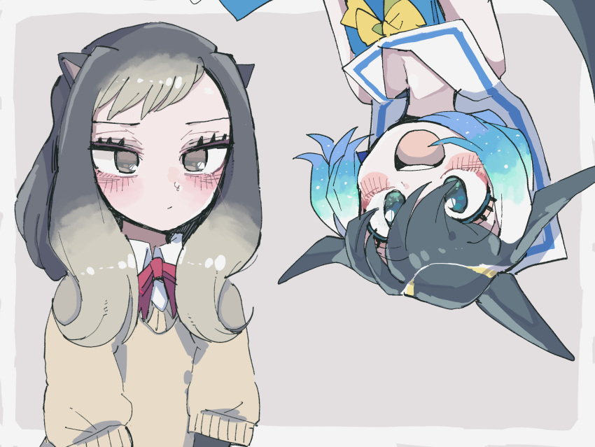 2girls, :d, absurdres, alpine_marmot_(kemono_friends), animal_ears, bangs, black_hair, blonde_hair