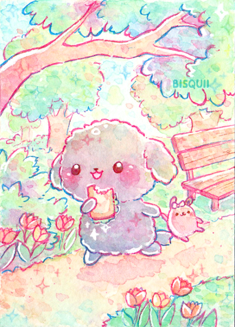 :3, :d, animal, animal_focus, artist_name, bench, bisquii, blush, chibi, dog, english_commentary, flower, foliage, food, forehead, lowres, no_humans, open_mouth, original, poodle, road, sandwich, smile, sparkle, stuffed_animal, stuffed_bunny, stuffed_toy, tree, tulip, walking, wooden_bench