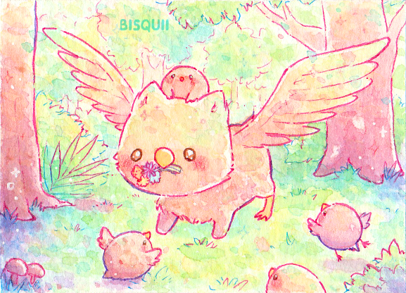 animal, animal_focus, artist_name, bird, bisquii, brown_eyes, brown_wings, chibi