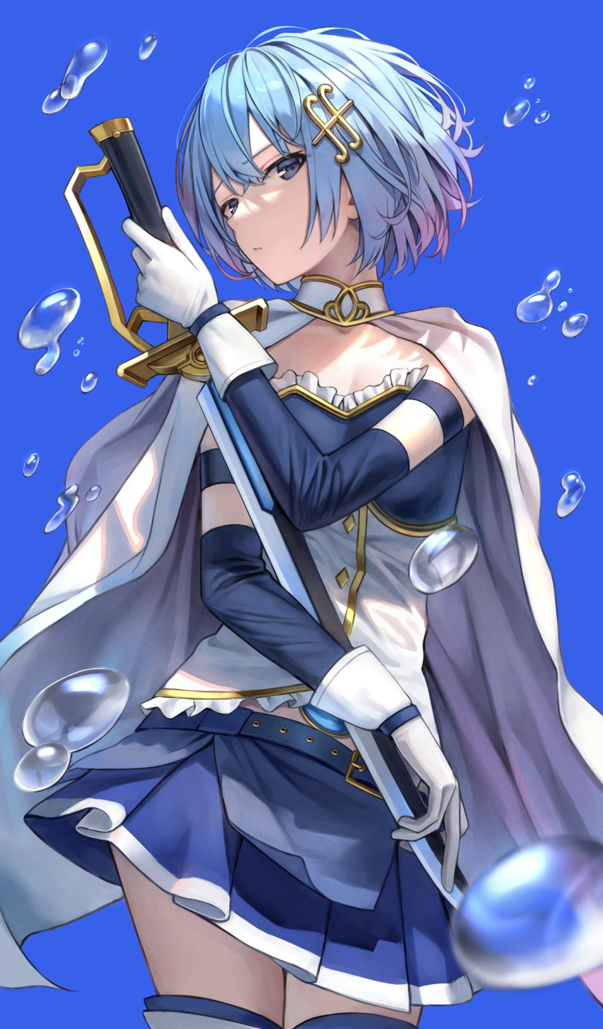 1girl, blue_background, blue_eyes, blue_hair, cape, closed_mouth, fortissimo, fortissimo_hair_ornament