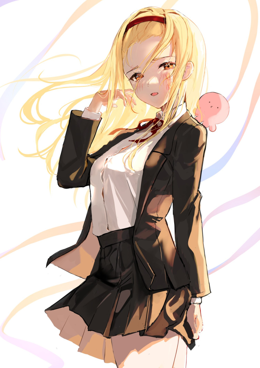 1girl, black_jacket, black_skirt, blonde_hair, blush, breasts, forehead, hairband