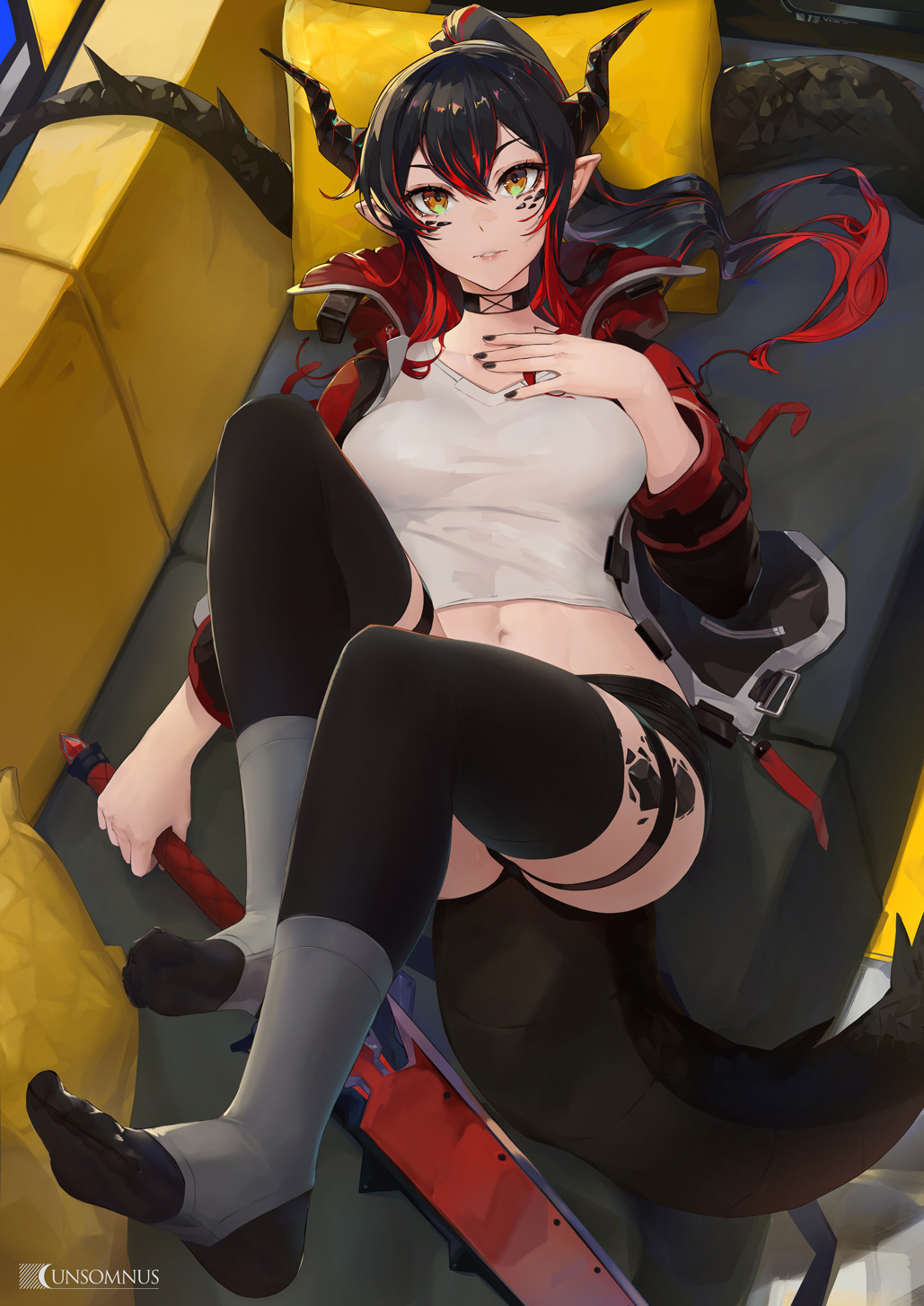 1girl, arknights, black_hair, black_legwear, black_nails, black_shorts, brown_eyes, commission