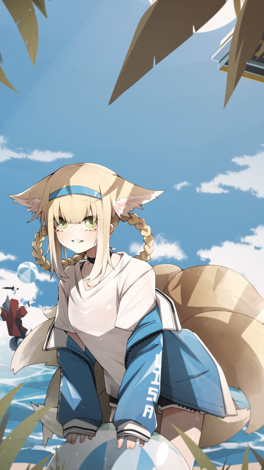 2girls, :d, absurdres, alternate_costume, animal_ears, arknights, ball, beachball