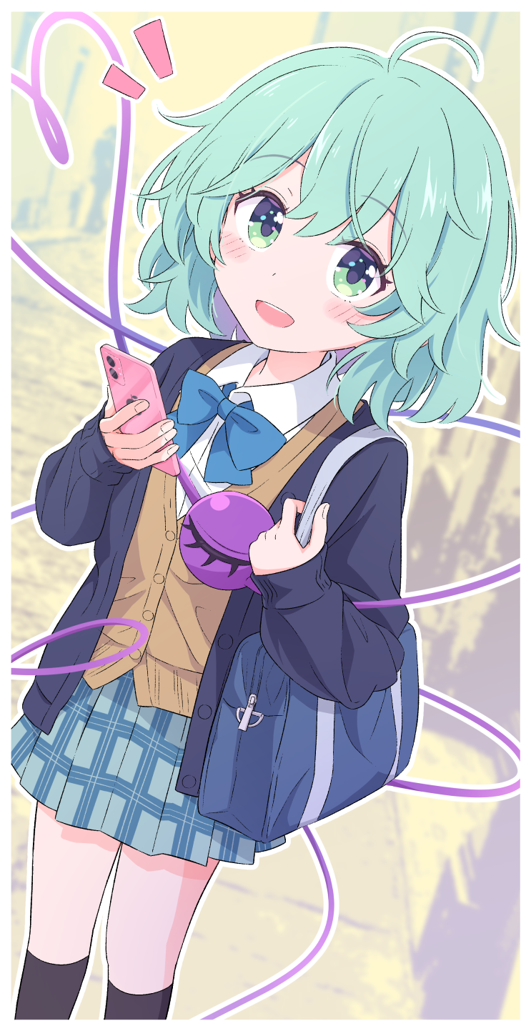 1girl, :d, ahoge, alternate_costume, bangs, blue_bow, blue_bowtie, blush