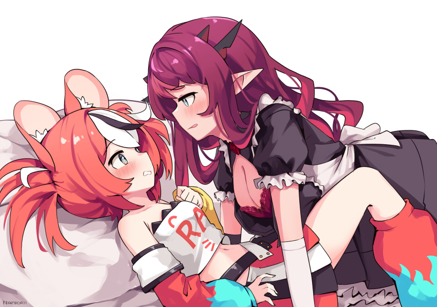 2girls, absurdres, all_fours, animal_ear_fluff, animal_ears, apron, artist_name, asymmetrical_sleeves