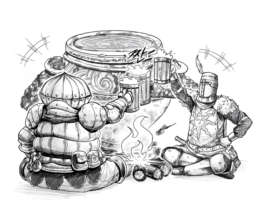 +++, 1other, 2boys, alcohol, armor, beer, belt, belt_pouch