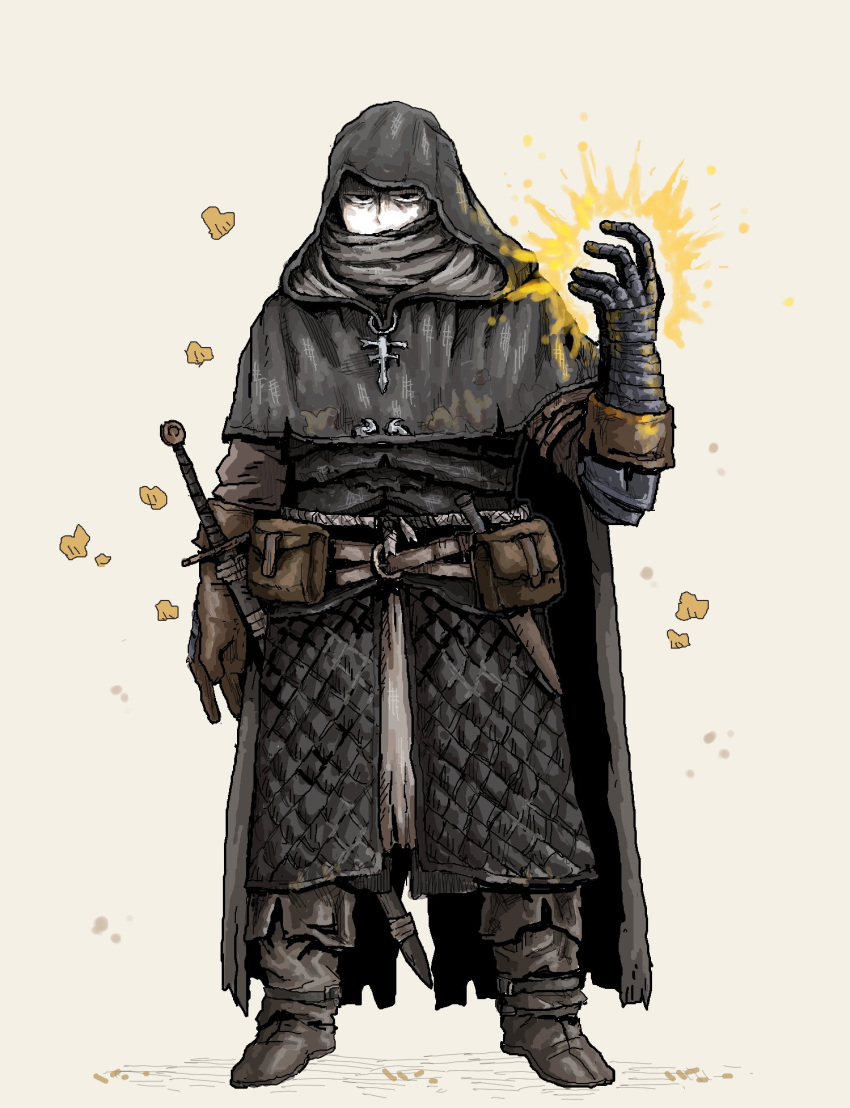1boy, belt, black_eyes, brown_footwear, brown_pants, cape, capelet, confessor_(elden_ring), dagger, ekfh4rnrqkq, elden_ring, frown, gambeson, gauntlets, grey_background, hand_up, highres, hood, hood_up, hooded_capelet, knife, looking_at_viewer, male_focus, pants, pouch, simple_background, solo, standing, sword, tarnished_(elden_ring), weapon
