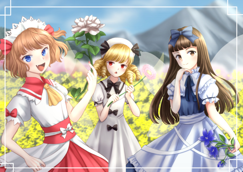3girls, apron, ascot, bangs, belt, black_bow, black_bowtie, black_ribbon