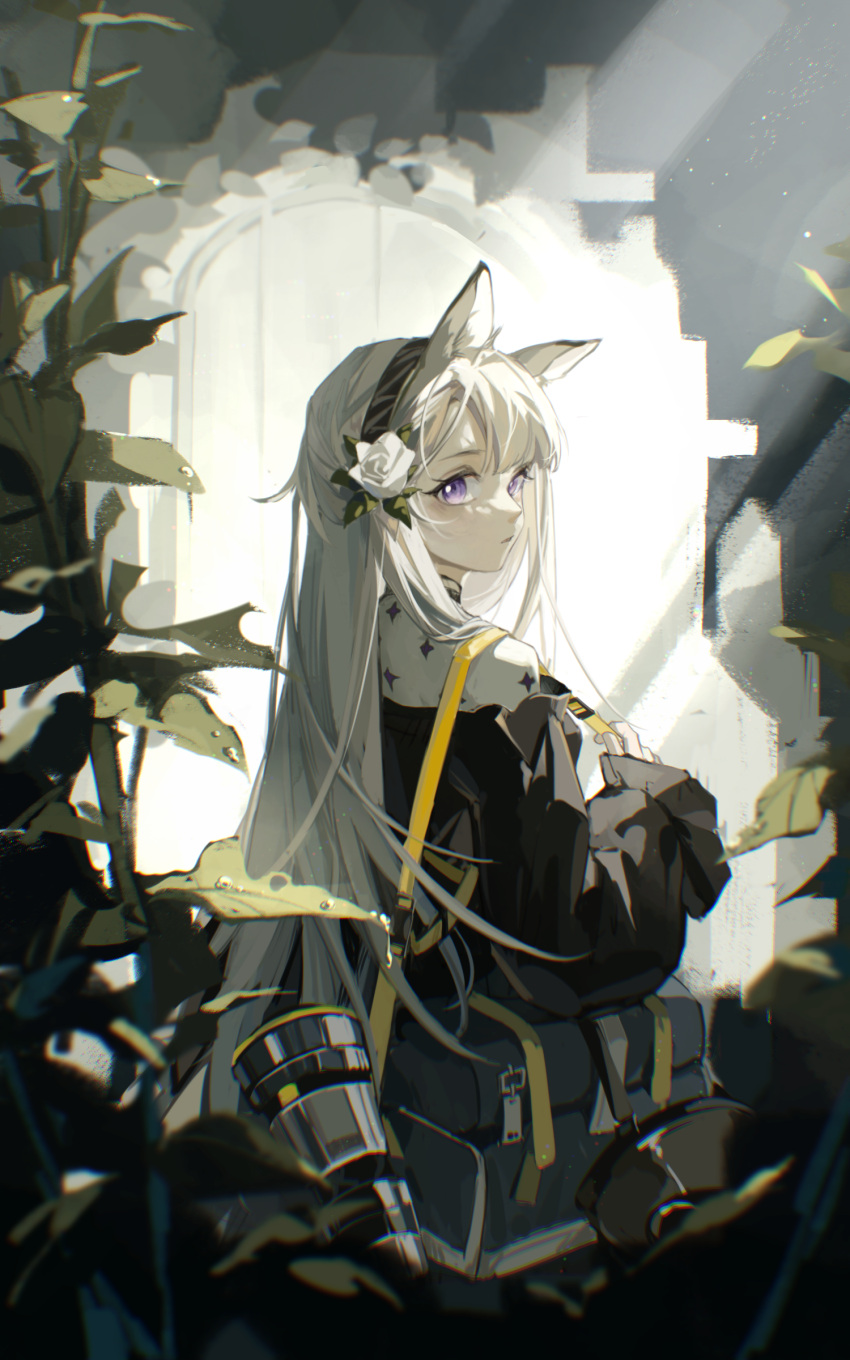 1girl, absurdres, animal_ear_fluff, animal_ears, arknights, bag, black_dress, black_hairband