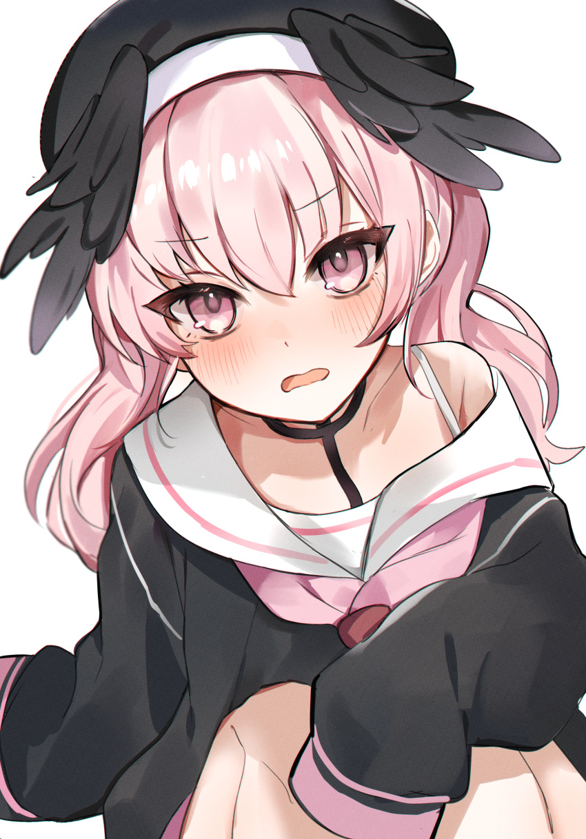 1girl, absurdres, beret, black_cardigan, black_headwear, black_wings, blue_archive, blush
