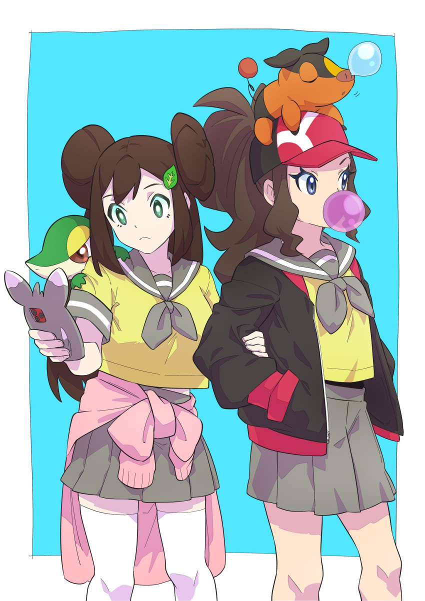 2girls, alternate_costume, bangs, blue_background, border, bright_pupils, brown_hair, bubble_blowing