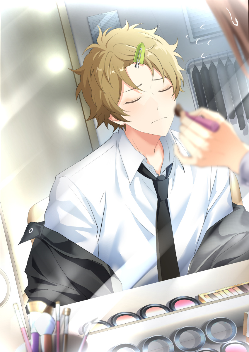 1boy, absurdres, acket, applying_makeup, blonde_hair, blush, brush, closed_eyes
