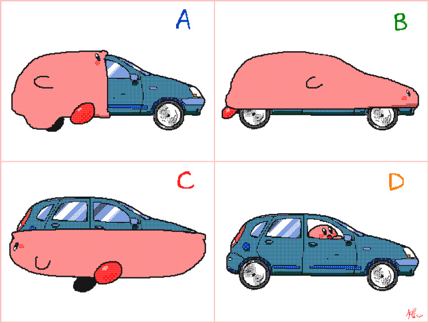 :d, animated, animated_gif, border, car, commentary, driving, english_commentary, flipnote_studio_(medium), ground_vehicle, keke_(kokorokeke), kirby, kirby_(series), kirby_and_the_forgotten_land, motor_vehicle, mouthful_mode, multiple_views, no_humans, numbered_panels, open_mouth, pink_border, signature, smile, vehicle_interior