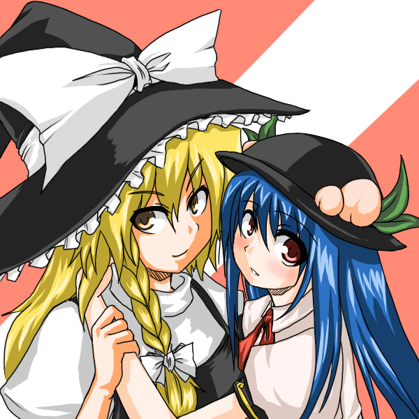 blonde_hair, blue_hair, blush, bow, braid, food, fruit, galerie