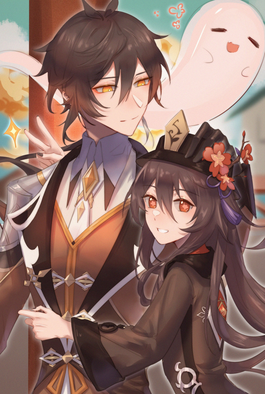 1boy, 1girl, absurdres, bangs, black_gloves, black_hair, black_headwear, black_nails
