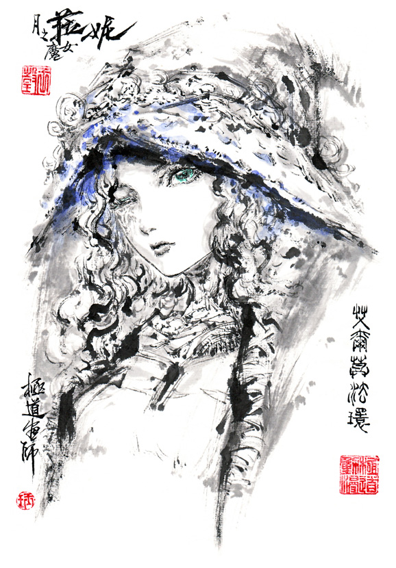 1girl, elden_ring, english_commentary, eyelashes, green_eyes, hat, hat_ornament, jidao_huashi, lips, long_hair, looking_afar, mixed-language_commentary, one_eye_closed, portrait, ranni_the_witch, simple_background, solo, spot_color, traditional_media, wavy_hair, white_background, witch, witch_hat