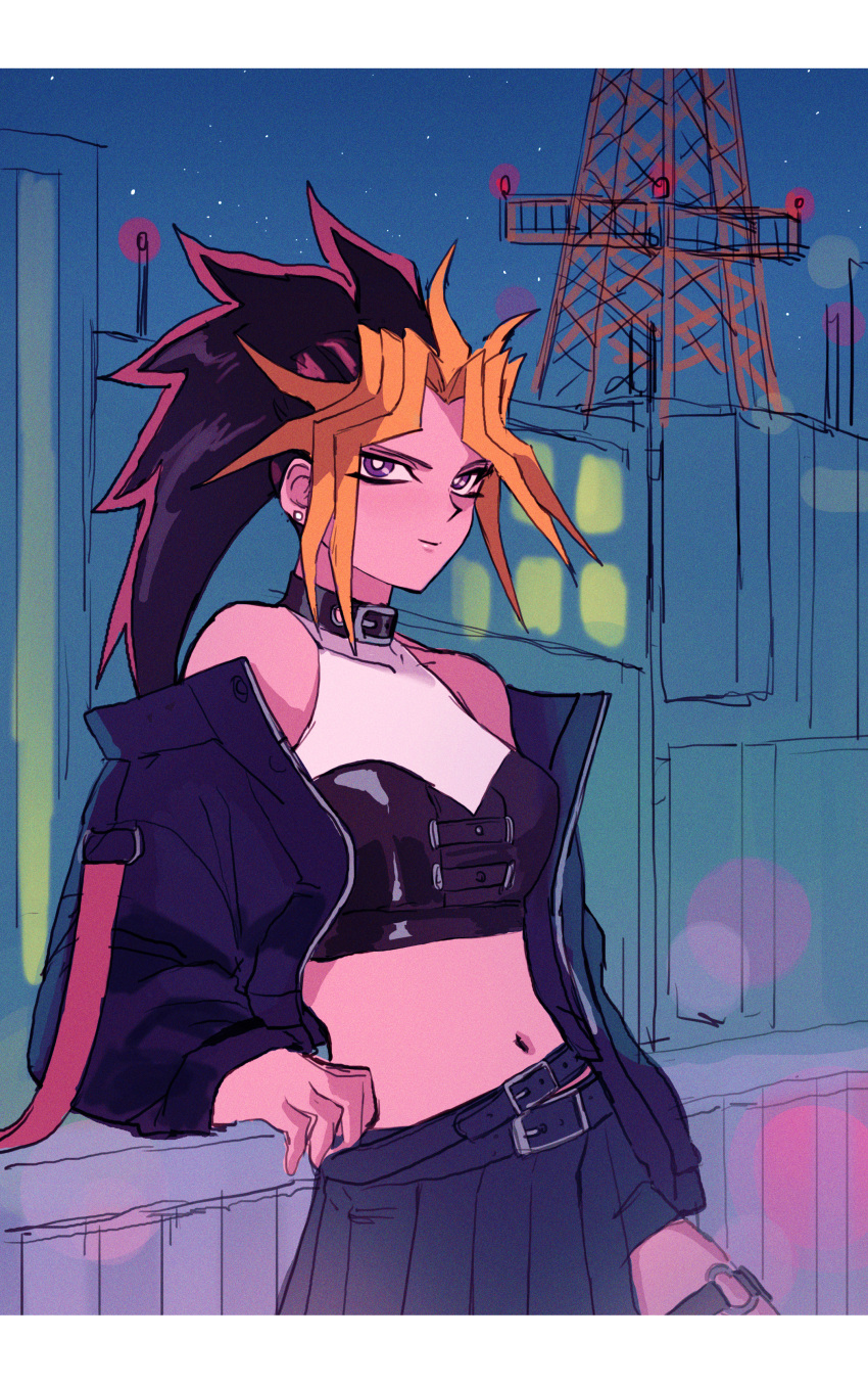 1girl, absurdres, back_hair, belt, blonde_hair, bright_pupils, building, closed_mouth, collar, commentary, earrings, fence, genderswap, genderswap_(mtf), highres, jacket, jewelry, leaning, night, off_shoulder, on_(isk1812), outdoors, pleated_skirt, ponytail, purple_hair, skirt, sky, smile, solo, spiky_hair, star_(sky), thigh_strap, violet_eyes, white_pupils, yami_yuugi, yu-gi-oh!