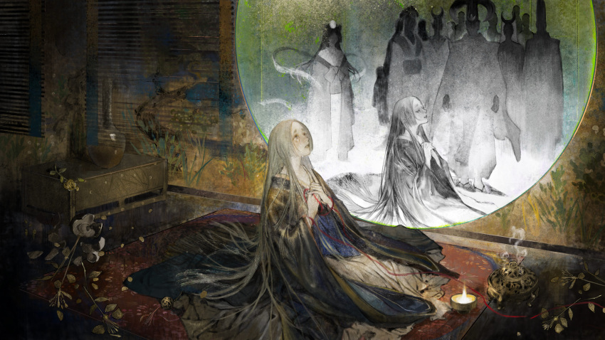 1girl, absurdres, ajzren, ball, bamboo_screen, bangs, blunt_bangs, broken_vase