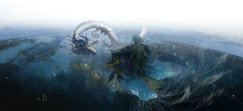 1boy, 1other, ajzren, ambiguous_gender, beckoning, bird_tail, blue_hair, blue_robe, blue_skin, clouds, colored_skin, dragon, earth_(planet), eastern_dragon, floating, floating_hair, from_behind, highres, long_hair, long_sleeves, midair, orb, original, outstretched_arms, peacock_feathers, planet, scenery, symbol-only_commentary, tail, very_long_hair, wide_sleeves