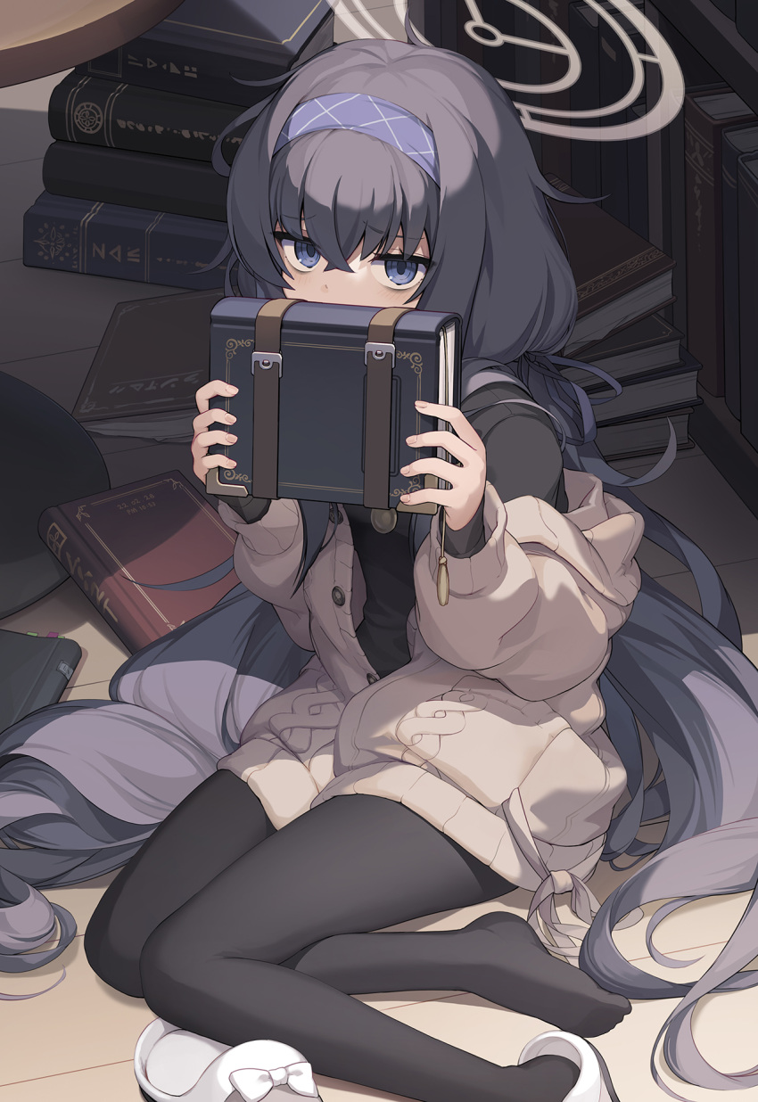 1girl, asicah, bangs, black_hair, black_legwear, blue_archive, blue_eyes, book, bookshelf, dress, eyebrows_visible_through_hair, hair_between_eyes, hairband, highres, holding, holding_book, jacket, long_hair, long_sleeves, looking_at_viewer, no_shoes, open_book, pantyhose, pillow, shoes, sitting, solo, sweater, ui_(blue_archive), very_long_hair, violet_eyes, white_footwear