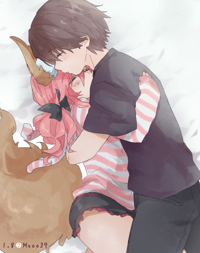 1boy, 1girl, animal_ear_fluff, animal_ears, artist_name, bangs, black_bow, black_shirt