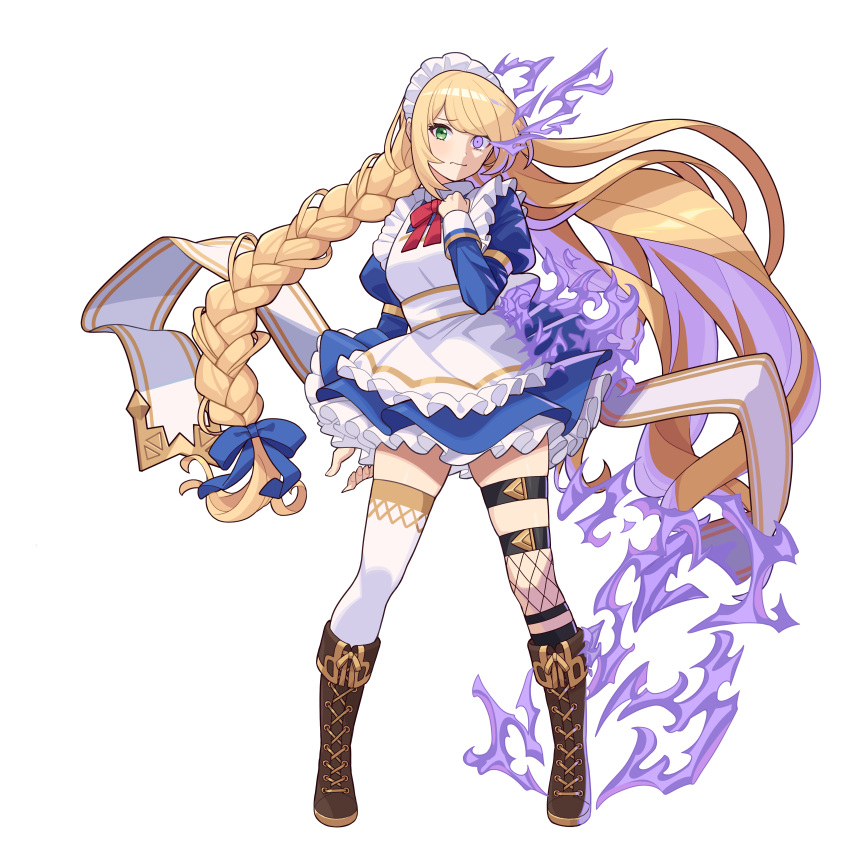 1girl, absurdres, apron, bangs, blonde_hair, blue_dress, blue_ribbon, closed_mouth, dress, dual-personality_maid_amy, eyebrows_visible_through_hair, fire, full_body, game_cg, green_eyes, guardian_tales, highres, long_hair, looking_at_viewer, maid, multicolored_hair, official_art, red_ribbon, ribbon, standing, swept_bangs, transparent_background, violet_eyes