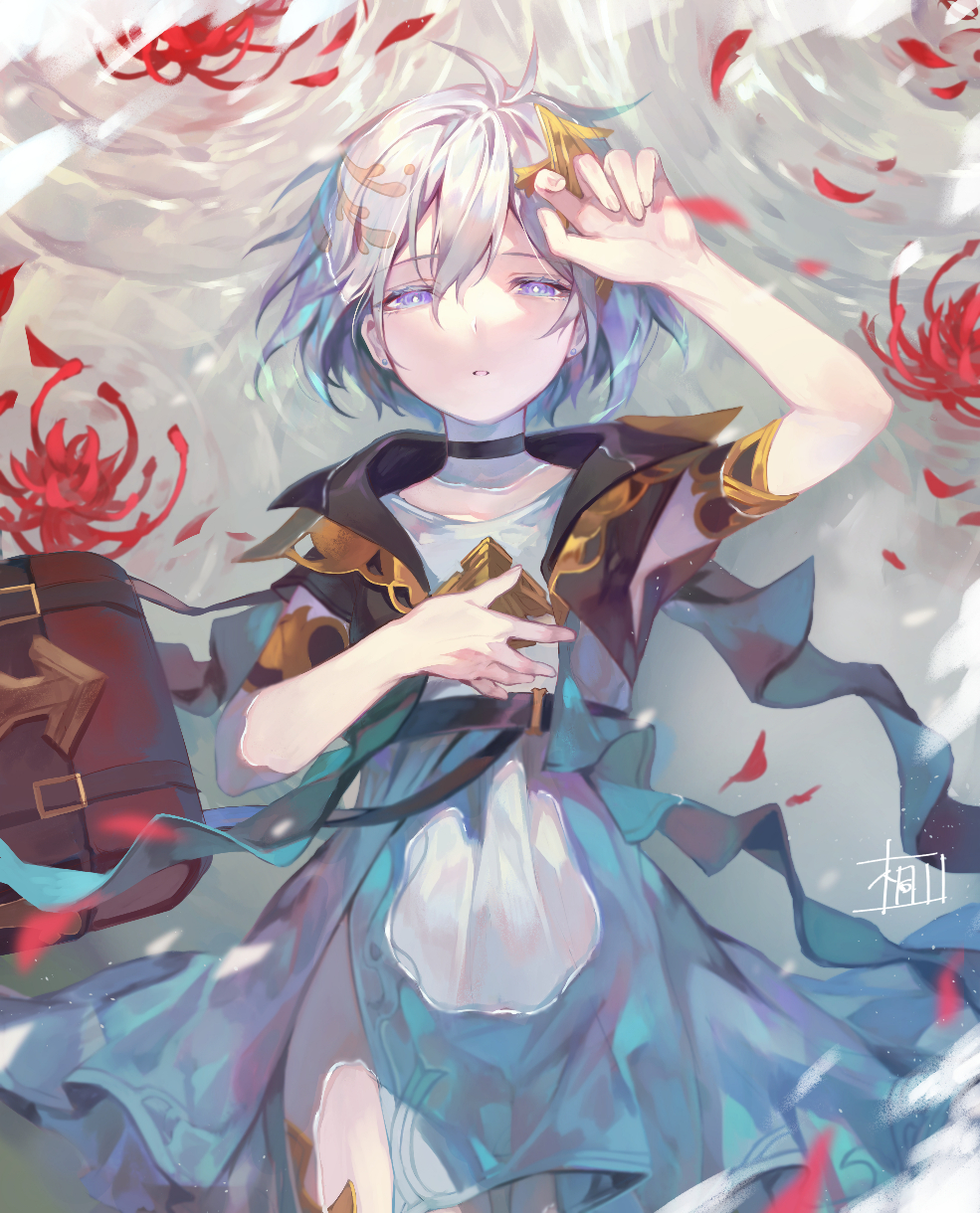 1girl, afloat, bag, dress, floating, flower, granblue_fantasy, highres