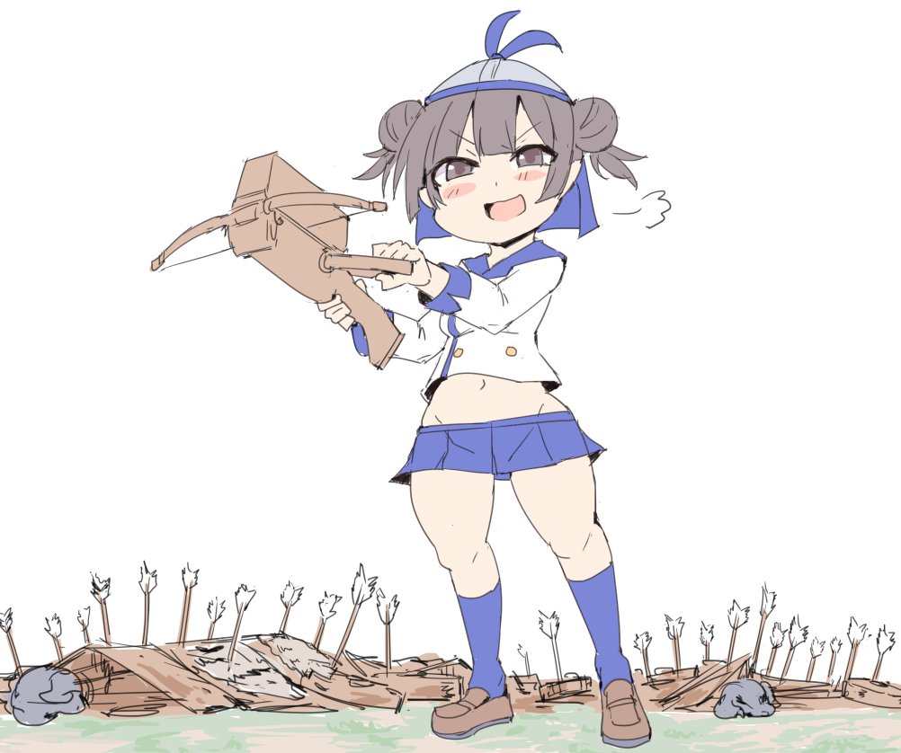 1girl, age_of_empires_ii, arrow_(projectile), bangs, battering_ram, blue_legwear, blue_skirt, brown_eyes