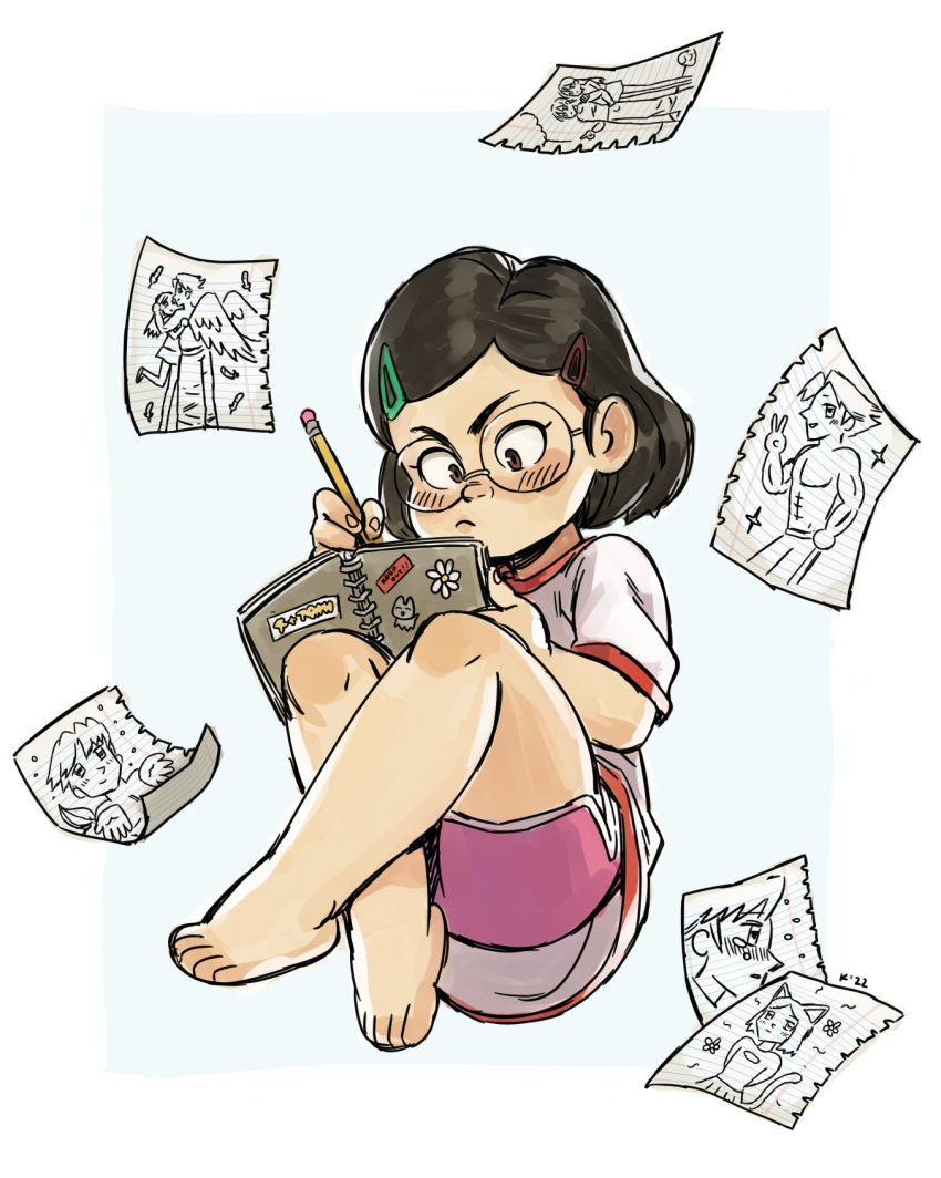 1girl, barefoot, black_hair, blush, closed_mouth, drawing, full_body, glasses