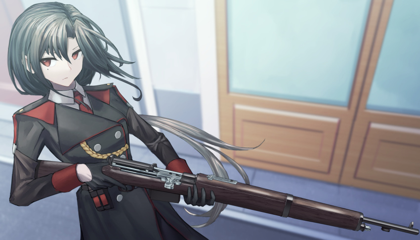 1girl, black_hair, commentary_request, girls_frontline, gun, highres, hispol_(04-uma-alpha), holding