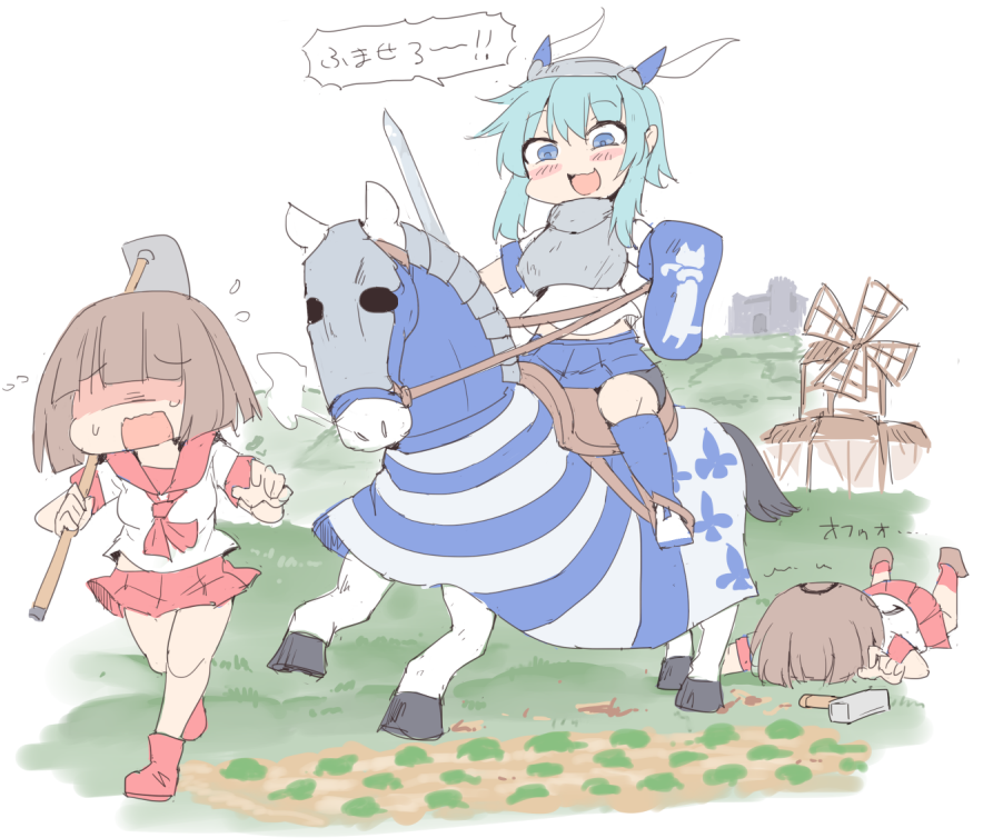 3girls, age_of_empires_ii, barding, blue_hair, brown_hair, castle, commentary_request, cuirass, field, hammer, hoe, horse, horseback_riding, multiple_girls, neckerchief, outdoors, paladin_(age_of_empires_ii), pleated_skirt, red_skirt, riding, sailor_collar, school_uniform, shield, shirt, short_sleeves, silver_bell, skirt, sword, villager_(age_of_empires_ii), weapon, white_shirt, windmill