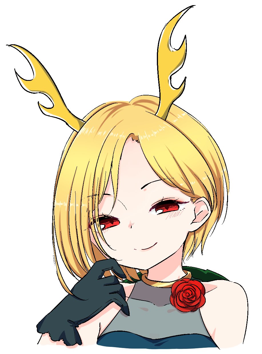 1girl, alternate_costume, antlers, bangs, banned_artist, bare_shoulders, black_gloves, blonde_hair